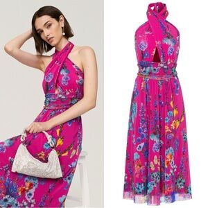 Fuzzi Pink Abito Halter Floral Midi Dress Size Medium Pink Multicolor